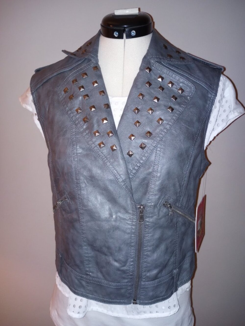 Bernardo Collection Faux Leather Vest with Studs, Size S/M, Gray, Zipper, Unisex